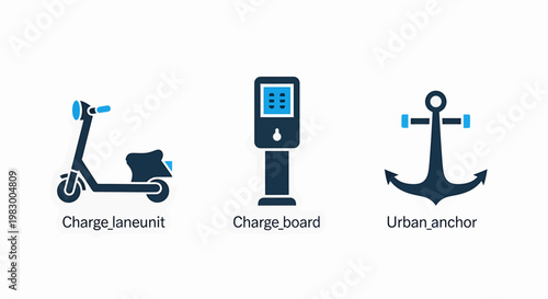 Urban transportation and logistics icons featuring electric scooter charging station and marine anchor symbols transport transportation mobility electric charging terminal nautical maritime