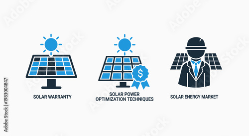 Solar energy industry icons representing insights power optimization services and market trends for renewable technology with renewable technology industry optimization services electricity