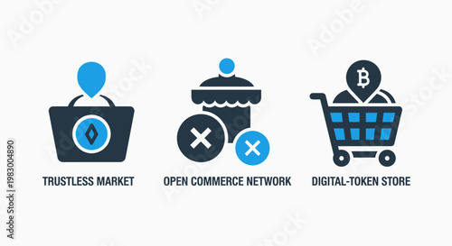 Decentralized digital commerce icons showcasing trustless market basket open commerce network symbols and digital token store cart for cryptocurrency retail and fintech transactions with cryptocurrenc