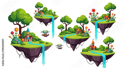 Colorful floating islands with trees, waterfalls, and houses in fantasy style