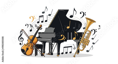 Musical instruments ensemble with piano, violin, and trumpet illustration