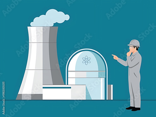 Cartoon illustration of a man in a hard hat pointing at a nuclear power plant