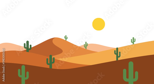 Minimalist desert landscape illustration with cacti and sun