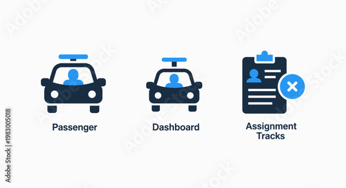 Modern vector icon set for ride sharing applications featuring passenger tracking vehicle dashboard and assignment log management graphics passenger dashboard tracking assignment transport