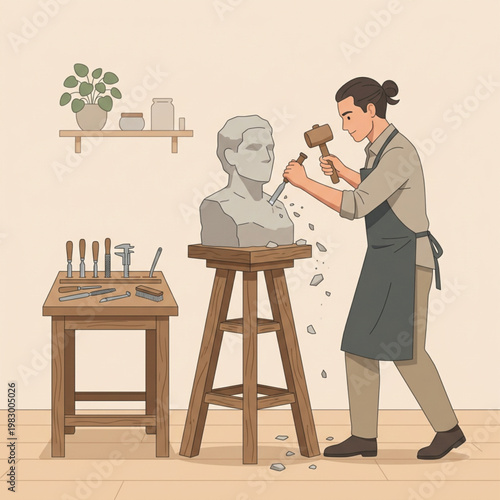 Man in an apron using a hammer and chisel to sculpt a stone bust in a workshop
