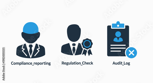 Regulatory compliance and industry auditing graphic icons for safety reporting management standards regulation checks and audit logs with compliance reporting regulation industry business
