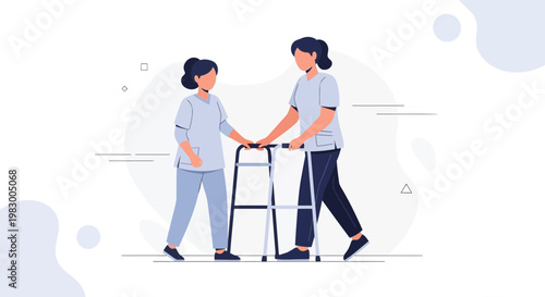Nurse assisting elderly patient with walker, rehabilitation and care concept