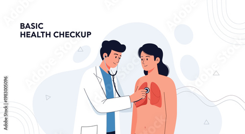 Doctor examines patient's lungs with stethoscope, basic health checkup illustration