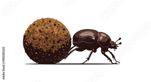 Illustration of a Dung Beetle Rolling a Ball on White Background