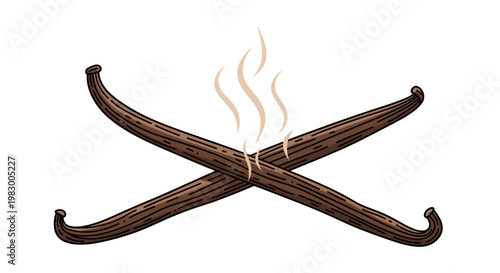 Illustration of Crossed Vanilla Beans with Steam on White Background