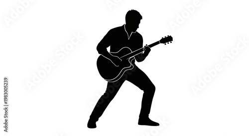 Silhouette of a Guitarist Playing Electric Guitar on White Background