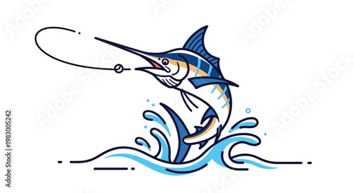 Colorful marlin fish jumping out of water in vector illustration