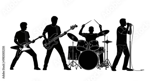 Silhouette of Rock Band Performing with Instruments on Stage