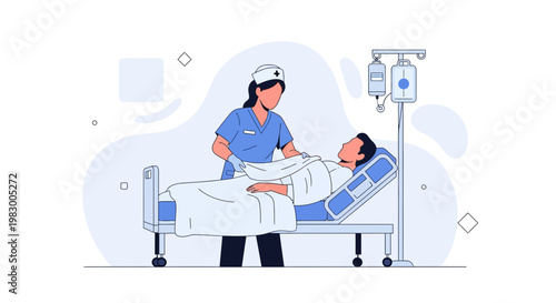 Nurse Caring for Patient in Hospital Bed with IV Drip