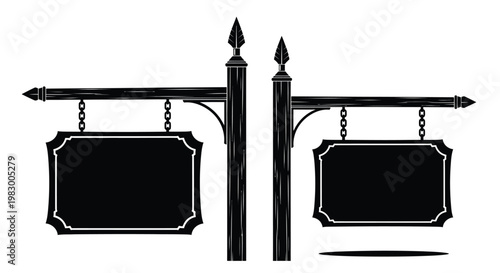 Vintage street signpost with blank sign boards on transparent background silhouette