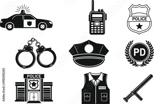 Police and Law Enforcement Icons, Police Car, Handcuffs, Radio, Badge, Uniform, Police Department