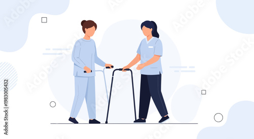 Nurse assisting elderly patient with walker, rehabilitation and care concept