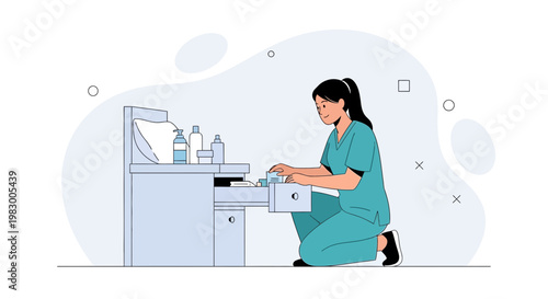 Nurse Organizing Medical Supplies in Drawer, Healthcare Setting