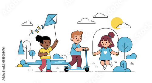 Diverse group of children enjoying outdoor activities like flying a kite, riding a scooter, and jumping in a park on a sunny day.