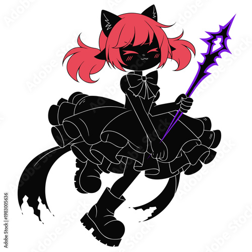 Cartoon black cat girl, pink hair, holding purple wand, gothic cute vector character
