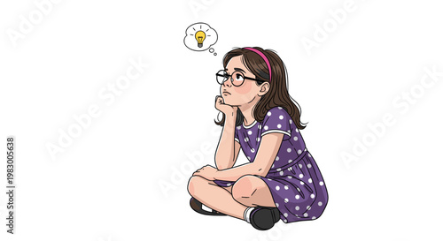 Foto A young girl with glasses sitting cross-legged, thinking deeply with a lightbulb idea bubble above her head on a white background