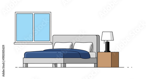 Minimalist bedroom interior with bed, window, and bedside lamp