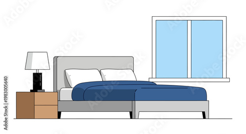 Modern minimalist bedroom interior with bed, nightstand, and window