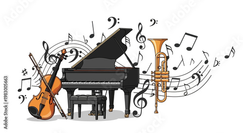 Illustration of Musical Instruments with Notes on White Background