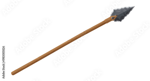 Primitive stone-tipped spear on white background for historical studies