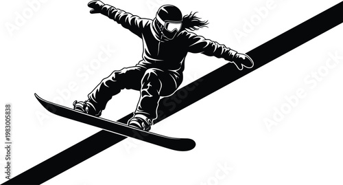 Snowboarder in Action on Slopes, Winter Sports, Extreme Snowboarding, Snowboarder Performing Trick on Snowy Hill