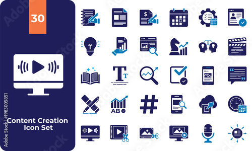 Content Creation Icon Set | Content Creator Tools Icons Pack | Social Media Marketing, Blogging, Video Production Flat Icon Set