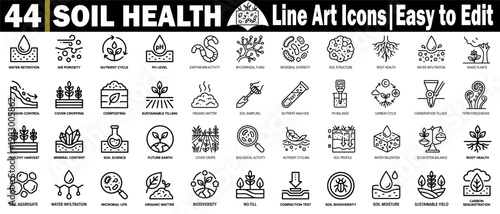 Soil health line art icons. Easy to edit for environmental, agricultural, and scientific designs, featuring editable strokes and a transparent background, vector illustration.