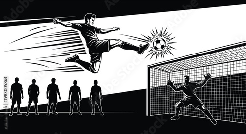 Soccer Player Kicking Ball, Goalkeeper Defending, Football Match, Sports Action, Athletic Performance