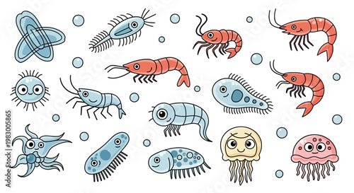 Colorful cartoon marine microorganisms and bacteria illustration