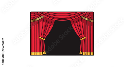 Red theater curtains opening on a black stage background