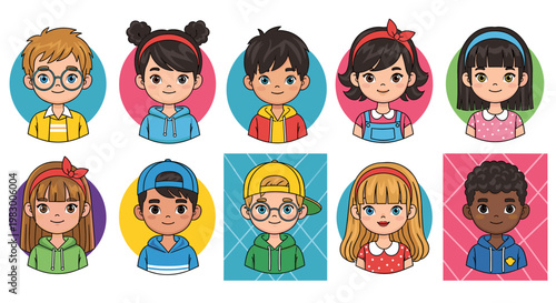 A vibrant collection of diverse cartoon children's avatars, showcasing various ethnicities, hairstyles, and clothing styles, presented in a grid format.