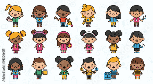 A diverse group of cartoon children of various ethnicities and genders, depicted in a playful and colorful illustration, each holding an item related to their interests.