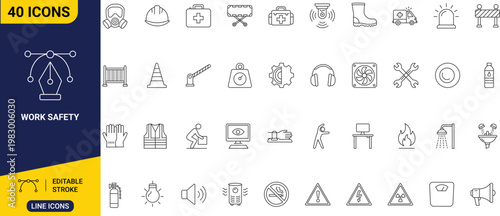 Essential collection of work safety line icons for industrial protection, occupational health, and construction site hazard prevention graphics