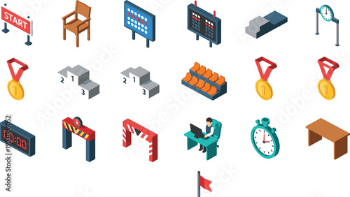 Sports Event Icons, Medals, Timer, Scoreboard, and Start Line, Isometric Design for Competition and Awards