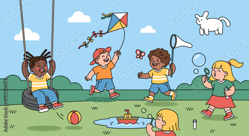 Diverse group of young children joyfully playing together outdoors on a sunny day with a kite, swing, bubbles, and toys.