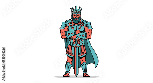 Illustration of a Medieval King in Armor with Crown and Sword