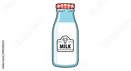 Cartoon style milk bottle with red checkered cap and label