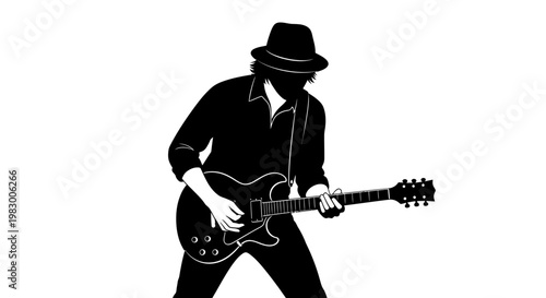 Silhouette of a guitarist playing electric guitar on white background
