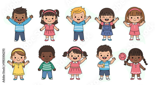 A diverse group of ten happy cartoon children of various ethnicities and genders, waving and smiling, depicted in a colorful, flat illustration style.