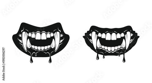 Two menacing vampire mouths with dripping fangs on transparent background silhouette
