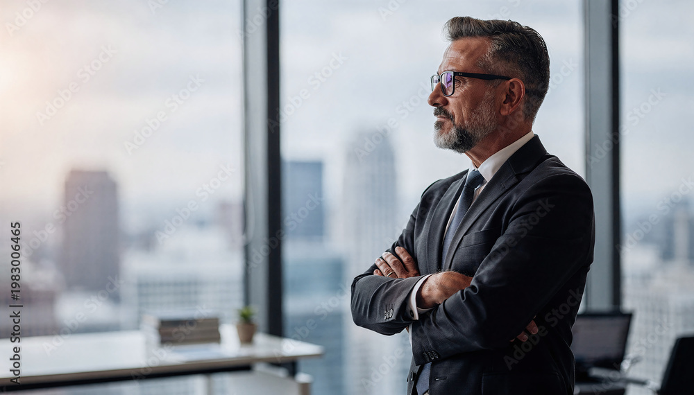 Naklejka premium Confident businessman in tailored suit with arms crossed, exuding leadership and foresight, stands by large office window looking out at cityscape at sunset
