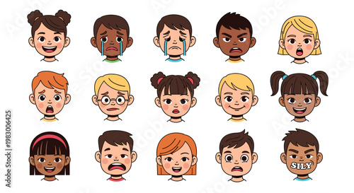 A diverse collection of cartoon children's faces displaying a wide range of emotions and expressions.