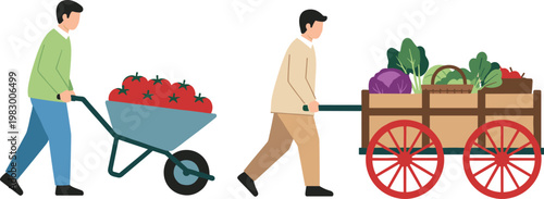 Farmers Carrying Fresh Vegetables with Wheelbarrow and Wooden Cart Illustration for Agriculture Harvest, Organic Produce Transport, and Rural Farming Lifestyle Concept
