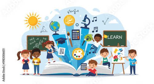 A vibrant illustration depicting children engaged in various educational activities, surrounded by symbols of learning and creativity, emerging from an open book.