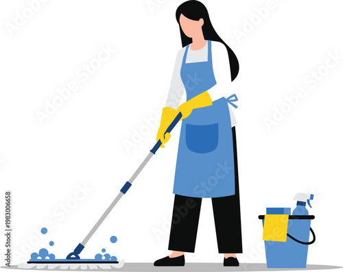 Woman Cleaning Floor with Mop, Household Chores, Domestic Work, Housekeeping and Hygiene
